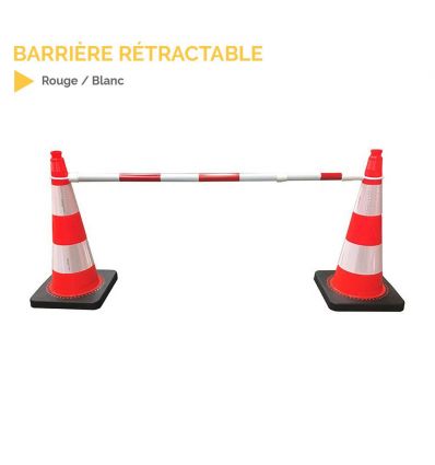Barrière rétractable rouge et cônes de signalisation