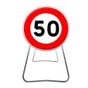 Photo : BK14 - Panneau de Chantier de Limitation de Vitesse à 50 km/h Acier sur pied dépendant - Petite (Diamètre 650 mm) - Classe 1 (T1)