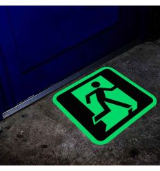 Pictogramme adhésif marquage au sol photoluminescent sortie de secours à droite dans l'obscurité