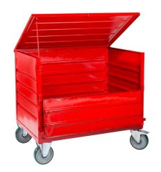 Caisse métallique avec demi porte ouverte sur pieds sur roulettes