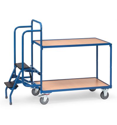 Chariot escabeau avec marchepied 2 plateaux bois