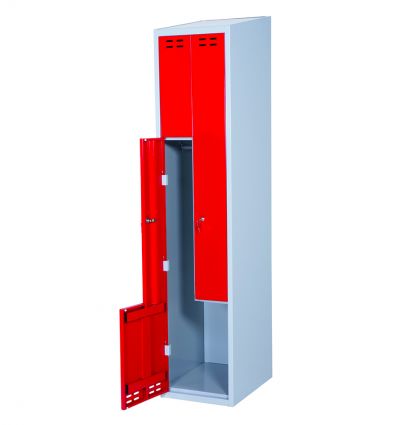 Vestiaire en L à portes rouges 2 cases