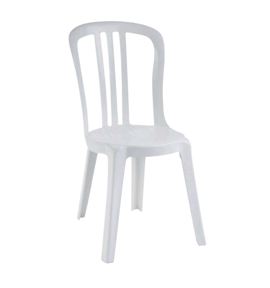Chaise blanche en plastique empilable.