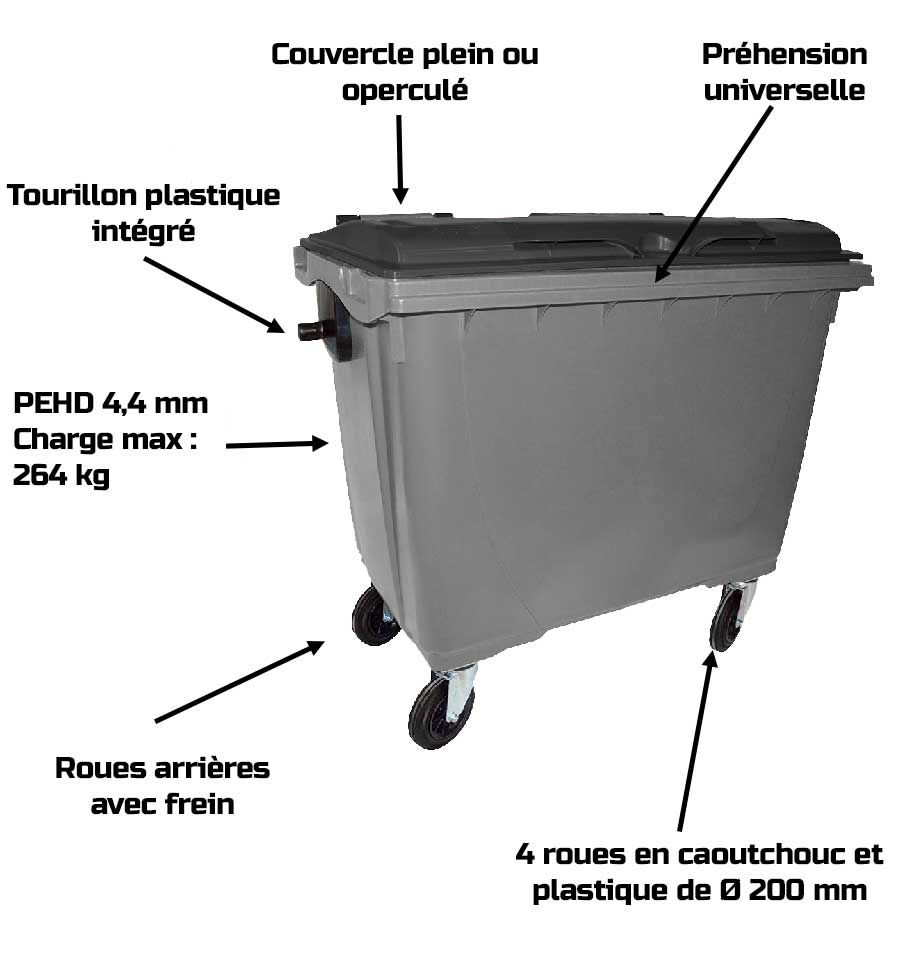 Bac poubelle à déchets 4 roues 1100 litres gris avec tourillons