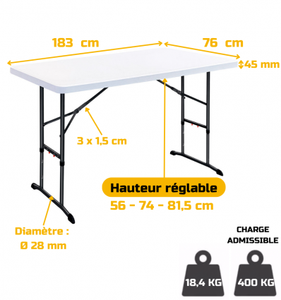 Table polypro pliante hauteur réglable, table de buffet réglable