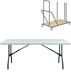 Lot de 10 tables pliantes blanches et chariot de transport