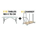Photo : Lot de 10 tables pliantes blanches et 1 chariot de transport