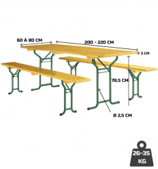 Table pliante brasserie rectangle 220 cm X 70 cm + 2 bancs 220 cm