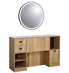 Poste de Coiffage Barbier avec Miroir Rond Sans Vasque Bois Clair