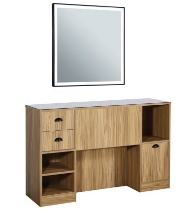 Poste de Coiffage Barbier avec Miroir Carré Sans Vasque Bois Clair