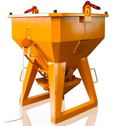 Benne à béton à tuyau avec réceptacle de laitance central, anneaux de levage et levier