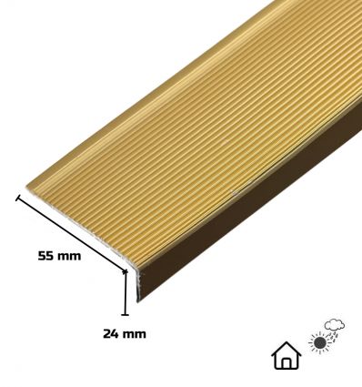 Nez de marche alu doré type laiton strié antidérapant 55 x 24 mm Extérieur