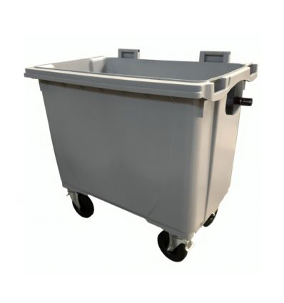 Vue opposée de la poubelle 660 litres grise sans couvercle