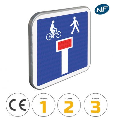 C13D - Panneau d'indication d'une impasse avec issue piétonne et cycliste avec pictogrammes de classes et normes