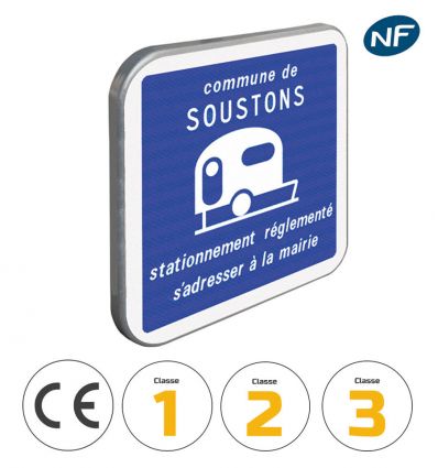 C23 - Panneau stationnement réglementé pour les caravanes avec pictogrammes de classes et normes