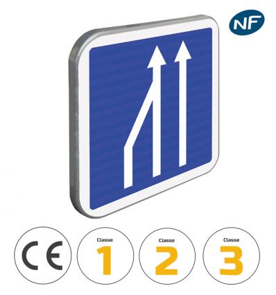 C28 - Panneaux d'indication d'une réduction du nombre de voies de circulation avec pictogrammes de classes et normes