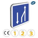 Photo : C30 - Panneau d'indication de fin de créneau sur 3 voies affectées 350 x 350 mm  (2 rails au dos) - Classe 1 (T1) - Dos brut