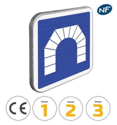 C111 - Panneau d'indication d'une entrée de tunnel avec pictogrammes de classes et normes