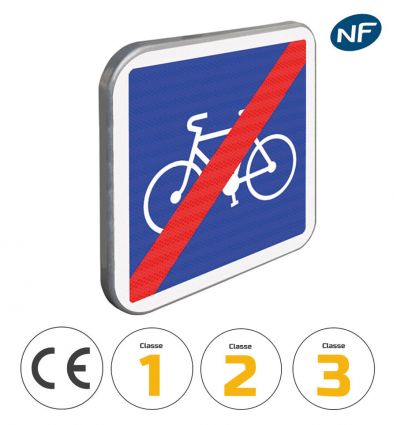 C114 - Panneau d'indication fin de piste conseillée et réservée aux cycles avec pictogrammes de classes et normes