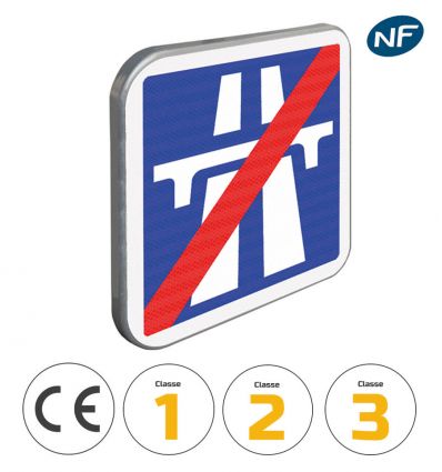 C208 - Panneau d'indication de fin de section de route à statut autoroutier avec pictogrammes de classes et normes