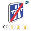 C208 - Panneau d'indication de fin de section de route à statut autoroutier avec pictogrammes de classes et normes