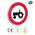 Photo : B9d - Panneau accès interdit aux véhicules agricoles à moteur 450 mm (2 rails au dos) - Classe 1 (T1) - Dos brut