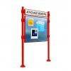 Panneau pour affichage extérieur rouge signalisation avec bandeau et poteaux pommeaux inox brossé format paysage