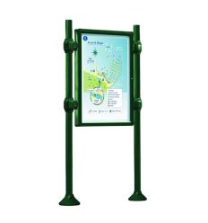 Panneau d'affichage avec vitrine simple face sur pieds vert avec pommeaux inox brossé