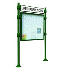 Panneau extérieur avec vitrine simple face et bandeau sur poteaux pommeaux inox vert format paysage