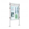 Panneau avec vitrine double face et bandeau sur pieds pommeaux inox format portrait gris clair