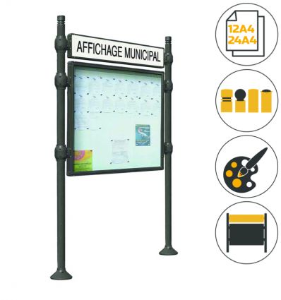 Panneau d'affichage avec vitrine avec bandeau double face sur poteaux 12 ou 24 A4