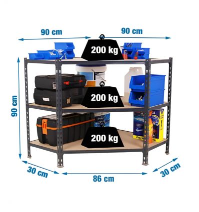 Rayonnage d'angle 3 étagères anthracite 900 x 900 x 300