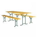 Photo : Table et bancs de brasserie pliante bois piétement arrondi ou cornière 220 x 70 cm - Arrondi
