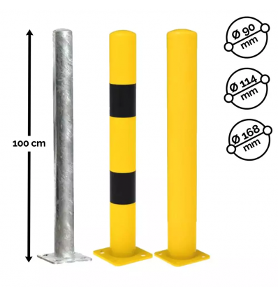 Poteau de protection jaune et noir en acier pour assurer une signalisation efficace des dangers, diamètre 90 mm