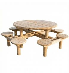 Table de pique nique ronde en bois brut 8 places