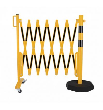 Barrière extensible jaune et noir avec poteau mobile ouverte