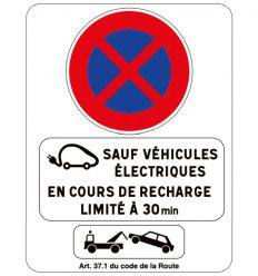 Panneau d'interdiction de stationner avec dérogation véhicule électrique