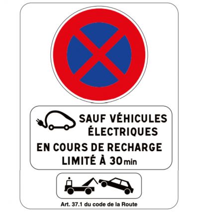 Panneau d'interdiction de stationner avec dérogation véhicule électrique