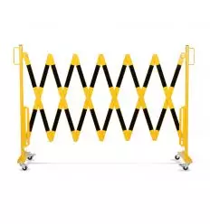 Barrière extensible industrielle jaune et noir ouverte 