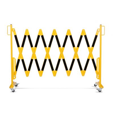 Barrière extensible industrielle jaune et noir ouverte 