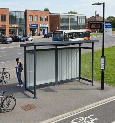 Mise en situation Abribus en acier fond en tôle et cotés en polycarbonate
