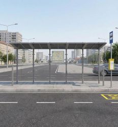 Mise en situation Extension pour Abribus Conviviale avec bardage en verre sécurisé