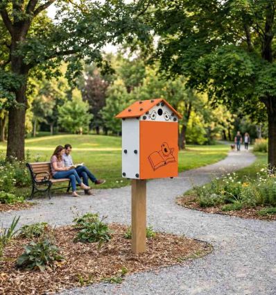 Mise en situation boîte à livres extérieur enfant et PMR