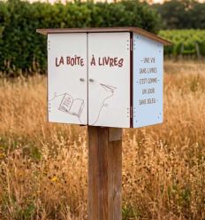 Boîte à livres en stratifié compact sur piètement joues bleus