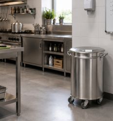 Poubelle inox de 50l dans une cuisine professionnelle
