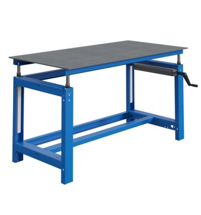 Établi table soudeur réglable par manivelle, piétement bleu RAL 5015