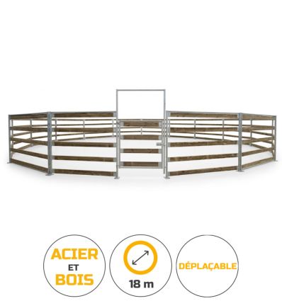 Rond de travail mobile, diamètre de 18 m. Poteaux en acier galvanisé et lices en bois