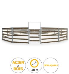 Rond de travail pour chevaux ø 20 m. Fabriqué avec de l'acier galva et des lices en bois. Modulable et déplaçable.