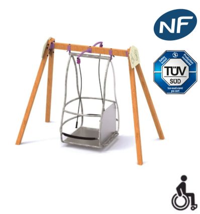Balançoire pour fauteuil roulant, bois et acier