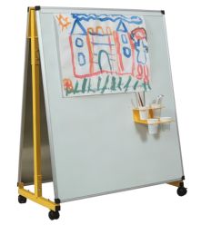 Chevalet maternelle mobile double face acier laqué blanc piétement jaune sur roulettes avec accessoires magnétiques